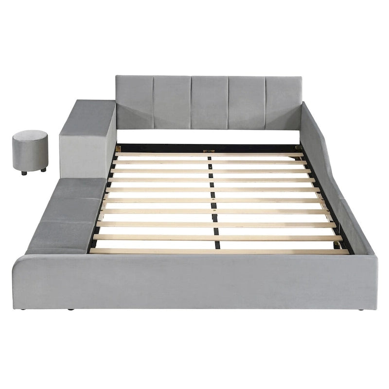 Upholstered Grounded Bed Mother & Child Bed with Bedside Desk and Little Round Stool