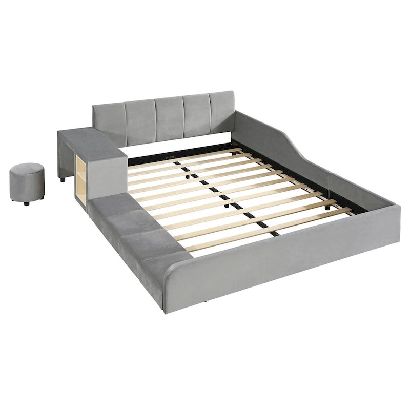 Upholstered Grounded Bed Mother & Child Bed with Bedside Desk and Little Round Stool