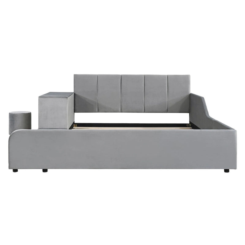 Upholstered Grounded Bed Mother & Child Bed with Bedside Desk and Little Round Stool