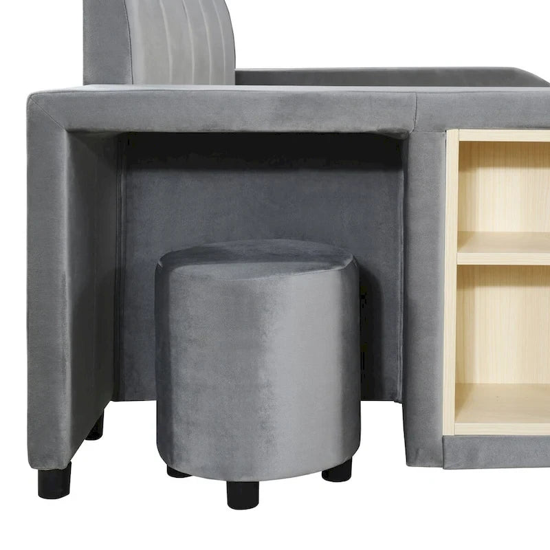 Upholstered Grounded Bed Mother & Child Bed with Bedside Desk and Little Round Stool
