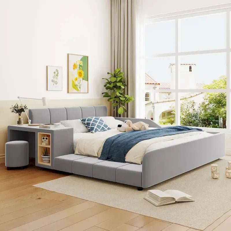 Upholstered Grounded Bed Mother & Child Bed with Bedside Desk and Little Round Stool