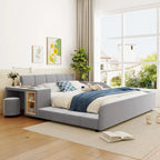 Upholstered Grounded Bed Mother & Child Bed with Bedside Desk and Little Round Stool