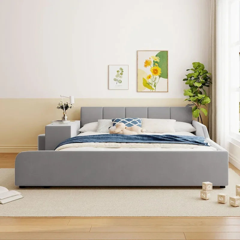 Upholstered Grounded Bed Mother & Child Bed with Bedside Desk and Little Round Stool