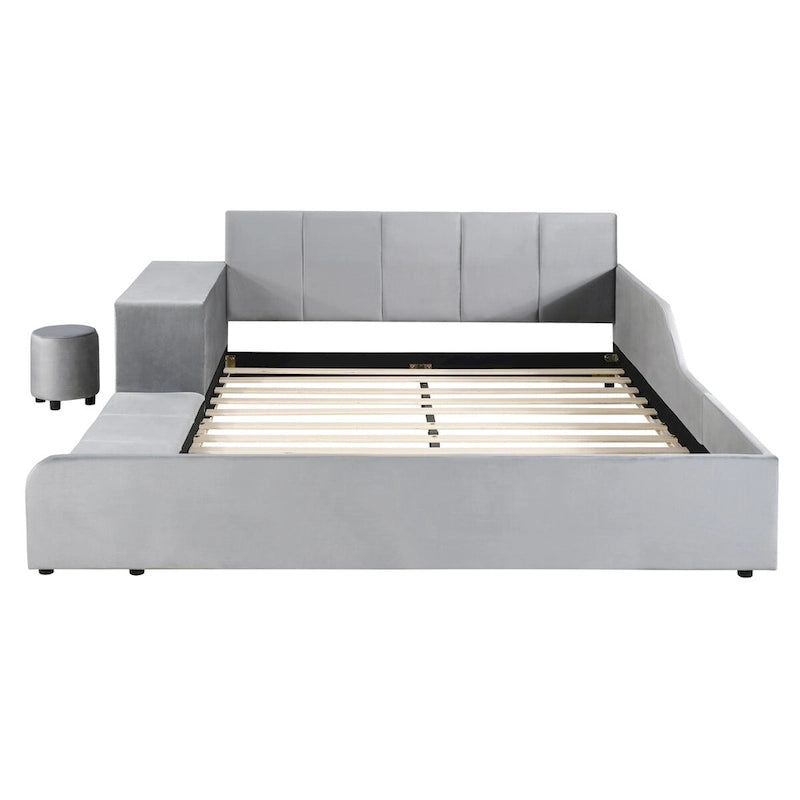 Upholstered Grounded Bed Mother & Child Bed with Bedside Desk and Little Round Stool