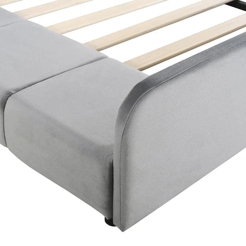 Upholstered Grounded Bed Mother & Child Bed with Bedside Desk and Little Round Stool