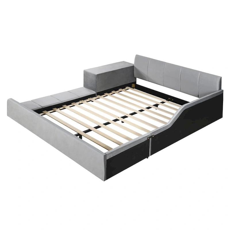 Upholstered Grounded Bed Mother & Child Bed with Bedside Desk and Little Round Stool