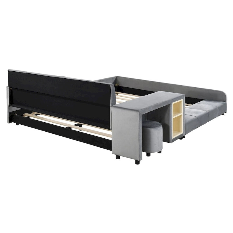 Upholstered Grounded Bed Mother & Child Bed with Bedside Desk and Little Round Stool