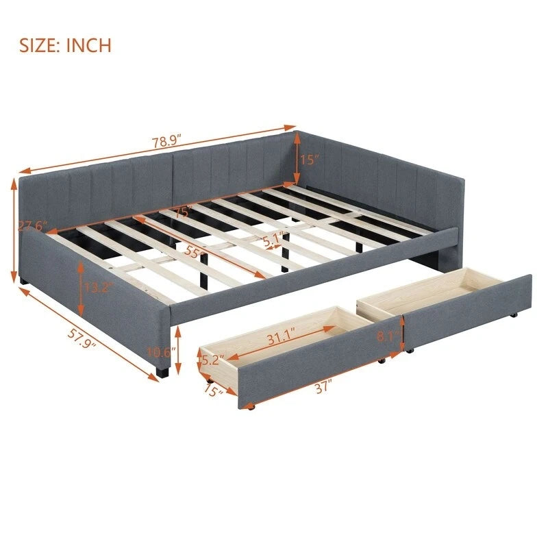 Full Size Linen Upholstered Daybed with 2 Storage Drawers, Sofa Bed