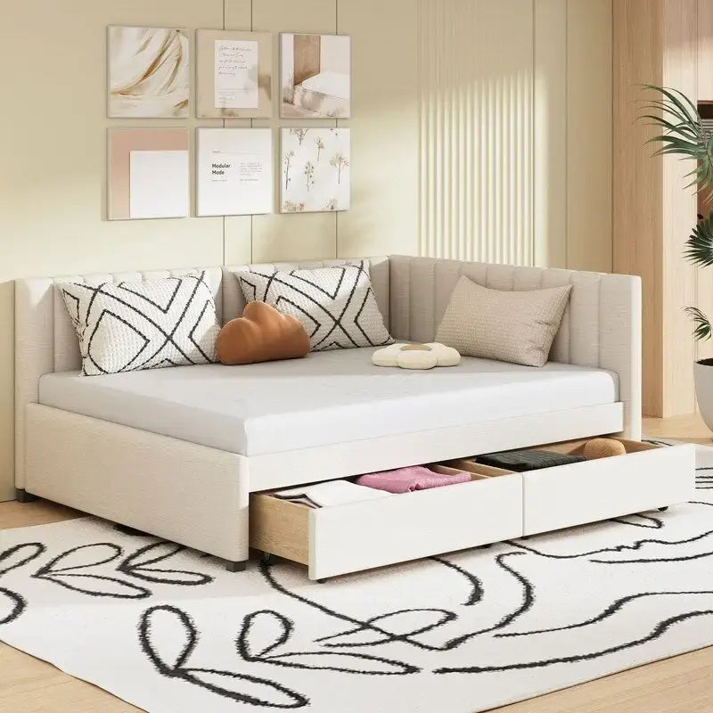 Full Size Linen Upholstered Daybed with 2 Storage Drawers, Sofa Bed