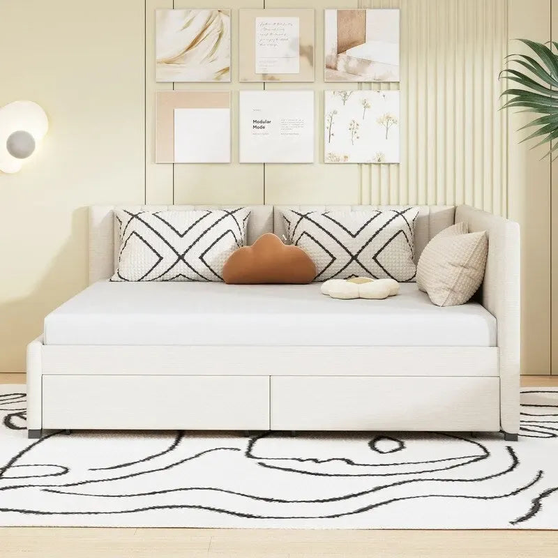 Full Size Linen Upholstered Daybed with 2 Storage Drawers, Sofa Bed