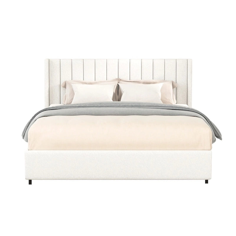 Queen Size Boucle Upholstered Platform Bed with Drawer