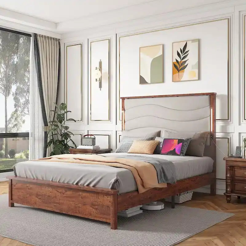 King Bed Frame with Upholstered Headboard, Charging Station, LED Lights, Wood Slats, No Box Spring Needed, Easy Assembly