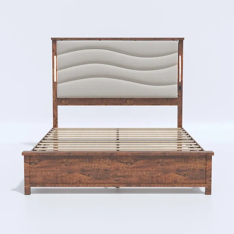 King Bed Frame with Upholstered Headboard, Charging Station, LED Lights, Wood Slats, No Box Spring Needed, Easy Assembly
