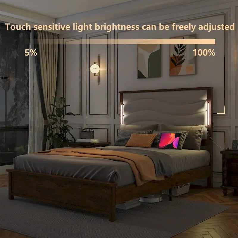 King Bed Frame with Upholstered Headboard, Charging Station, LED Lights, Wood Slats, No Box Spring Needed, Easy Assembly