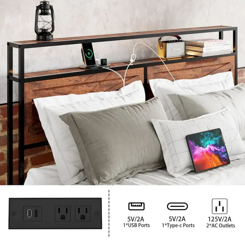 Bed Frame with Storage Headboard and 12 Drawers and LED Lights
