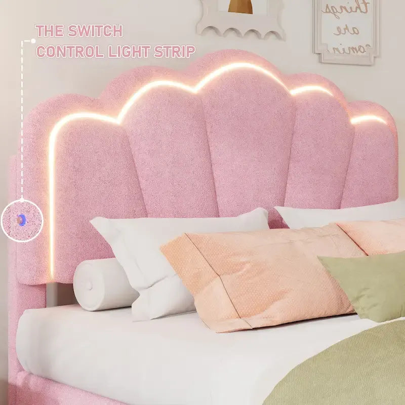 2-Pieces Bedroom Sets Full Size Flower-Shaped Upholstered LED Platform Bed with Storage Ottoman-Sherpa Fabric