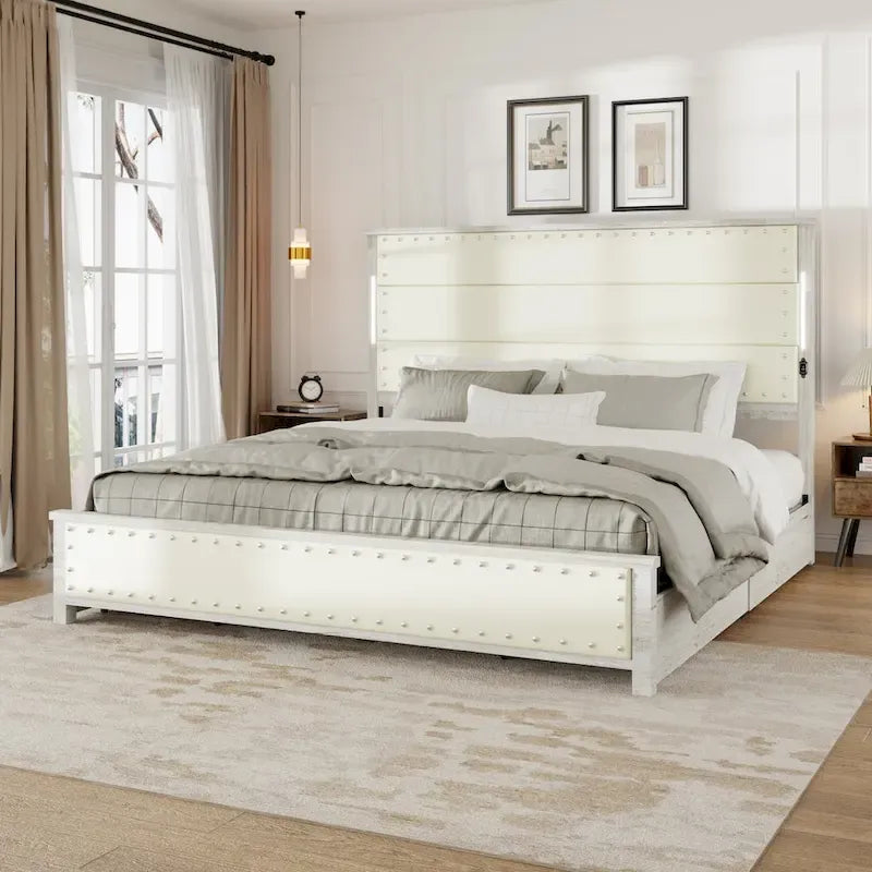 Bed Frame with Headboard and 4 Storage Drawers, Charging Station and LED Lights