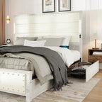 Bed Frame with Headboard and 4 Storage Drawers, Charging Station and LED Lights