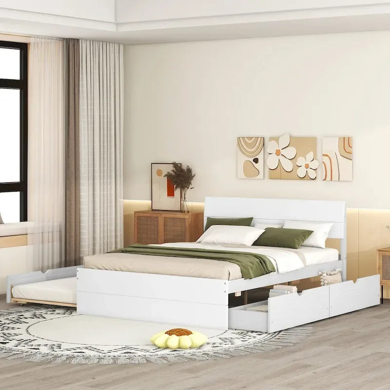 Full Bed Frame With Twin Size Trundle And 2 Drawers