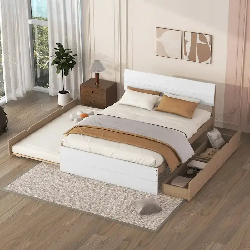 Full Bed Frame With Twin Size Trundle And 2 Drawers