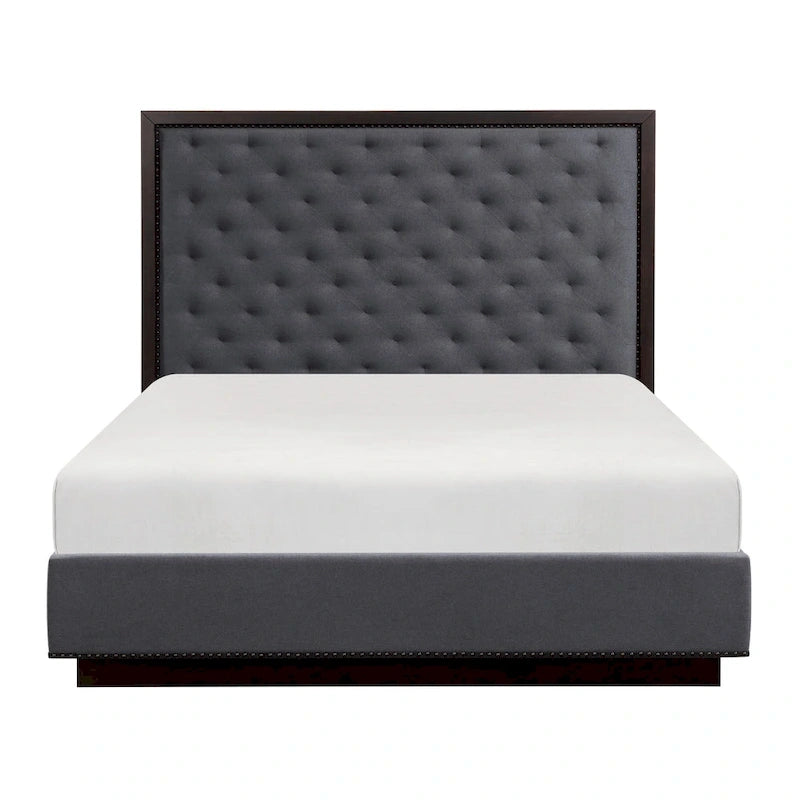 Tey Queen Size Bed with Button Tufted Headboard, Gray Fabric, Ash Veneer