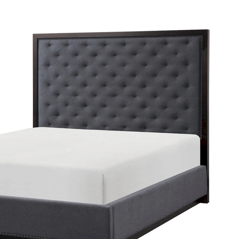 Tey Queen Size Bed with Button Tufted Headboard, Gray Fabric, Ash Veneer