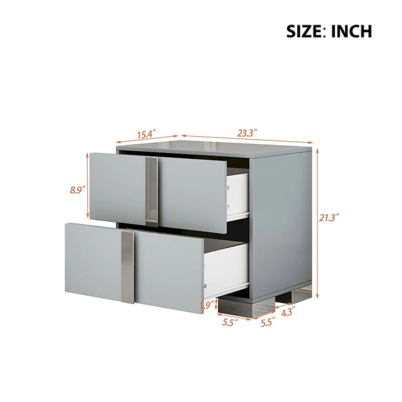 Elegant Mirrored Nightstand with Metal Handle, 2 Drawers