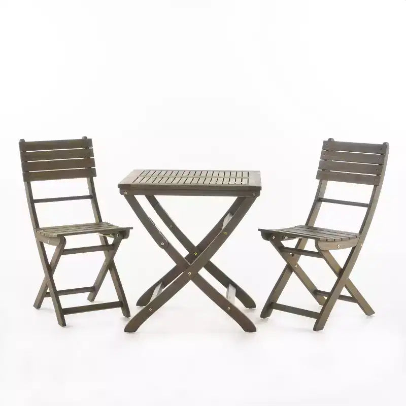 GDFStudio Rabion Outdoor Acacia Wood 3 Piece Folding Bistro Set, Gray