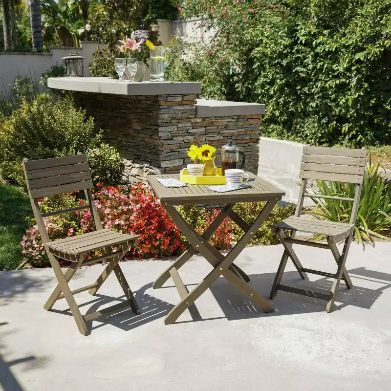 GDFStudio Rabion Outdoor Acacia Wood 3 Piece Folding Bistro Set, Gray