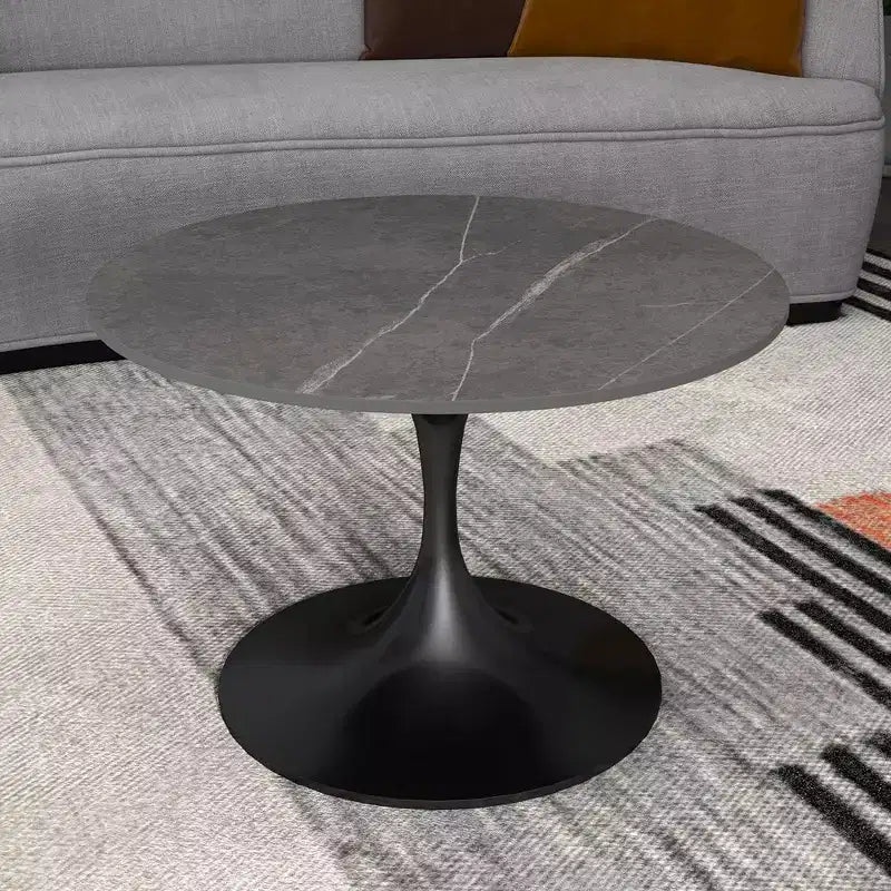 LeisureMod Verve 27 Round Coffee Table - Sintered Stone Top and Modern Black Steel Pedestal Base Accent Table for Contemporary Living Room