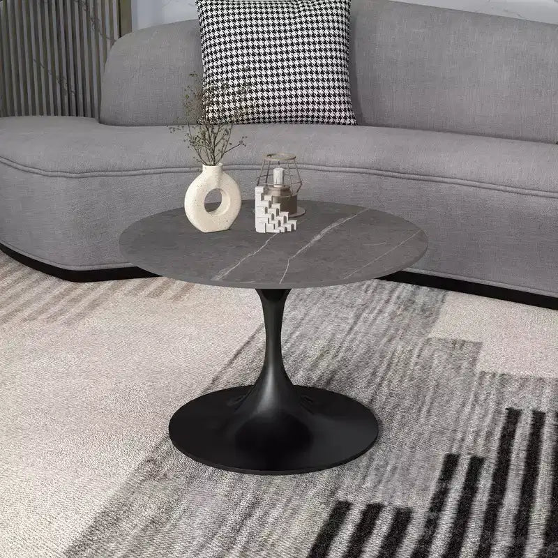 LeisureMod Verve 27 Round Coffee Table - Sintered Stone Top and Modern Black Steel Pedestal Base Accent Table for Contemporary Living Room