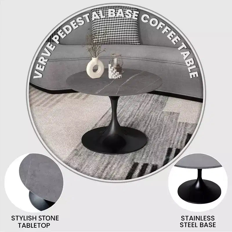 LeisureMod Verve 27 Round Coffee Table - Sintered Stone Top and Modern Black Steel Pedestal Base Accent Table for Contemporary Living Room
