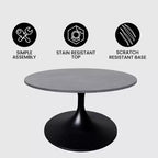 LeisureMod Verve 27 Round Coffee Table - Sintered Stone Top and Modern Black Steel Pedestal Base Accent Table for Contemporary Living Room