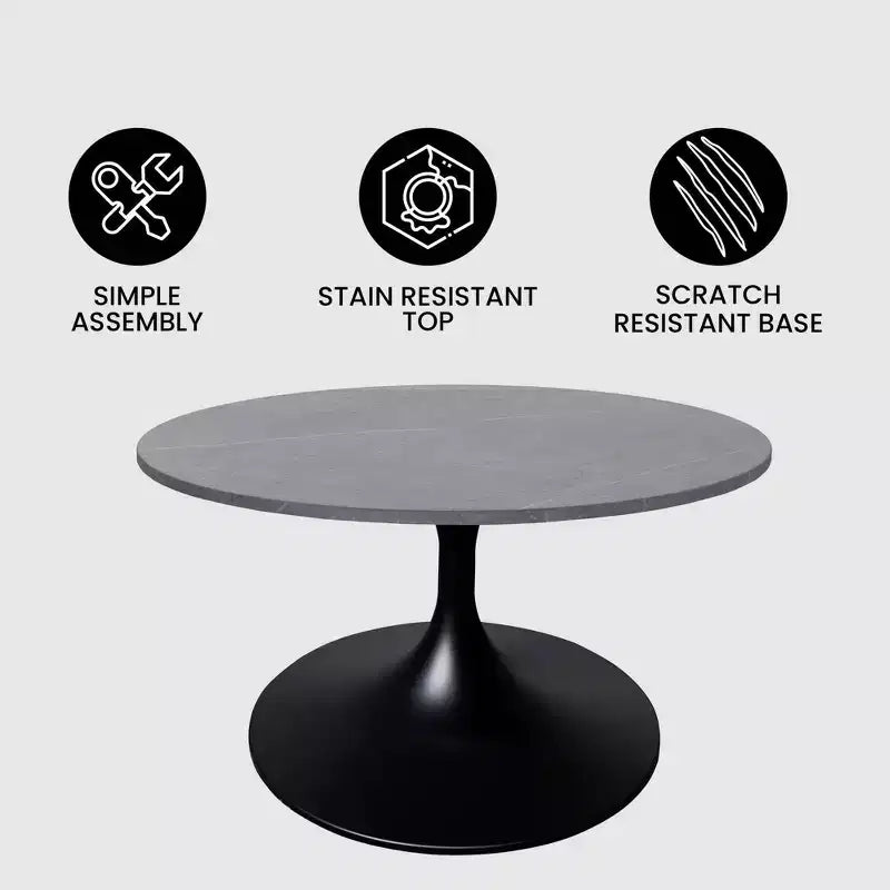 LeisureMod Verve 27 Round Coffee Table - Sintered Stone Top and Modern Black Steel Pedestal Base Accent Table for Contemporary Living Room