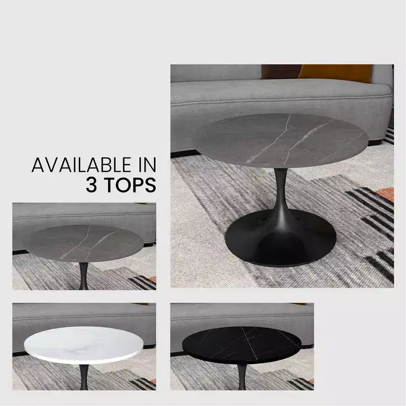 LeisureMod Verve 27 Round Coffee Table - Sintered Stone Top and Modern Black Steel Pedestal Base Accent Table for Contemporary Living Room