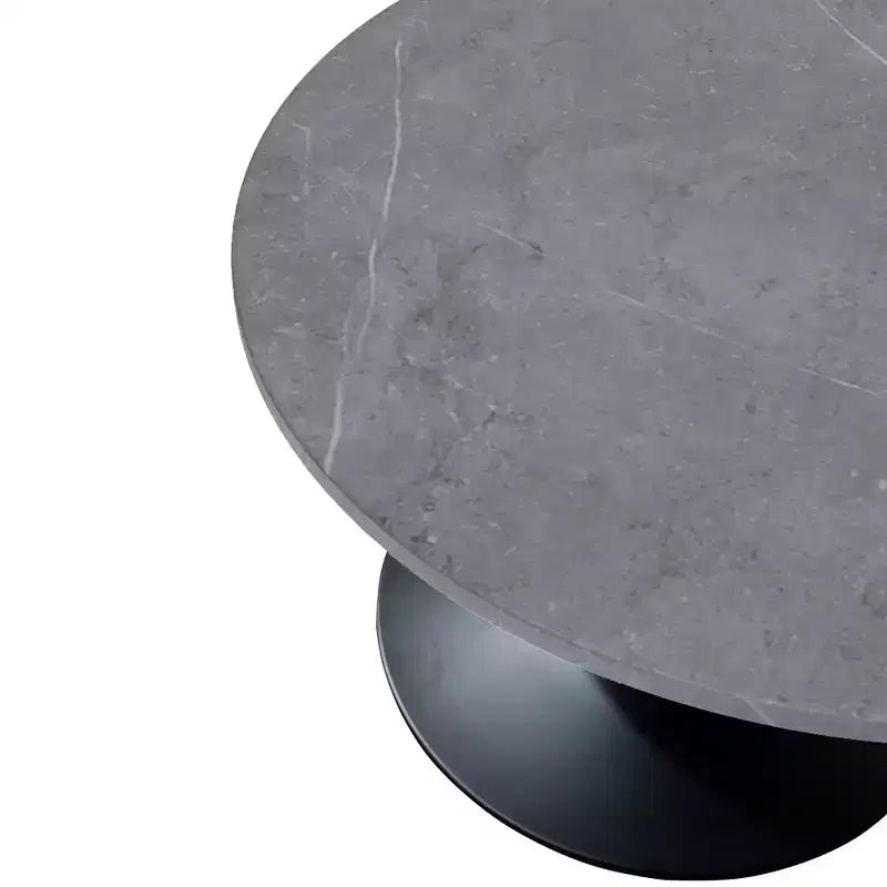 LeisureMod Verve 27 Round Coffee Table - Sintered Stone Top and Modern Black Steel Pedestal Base Accent Table for Contemporary Living Room