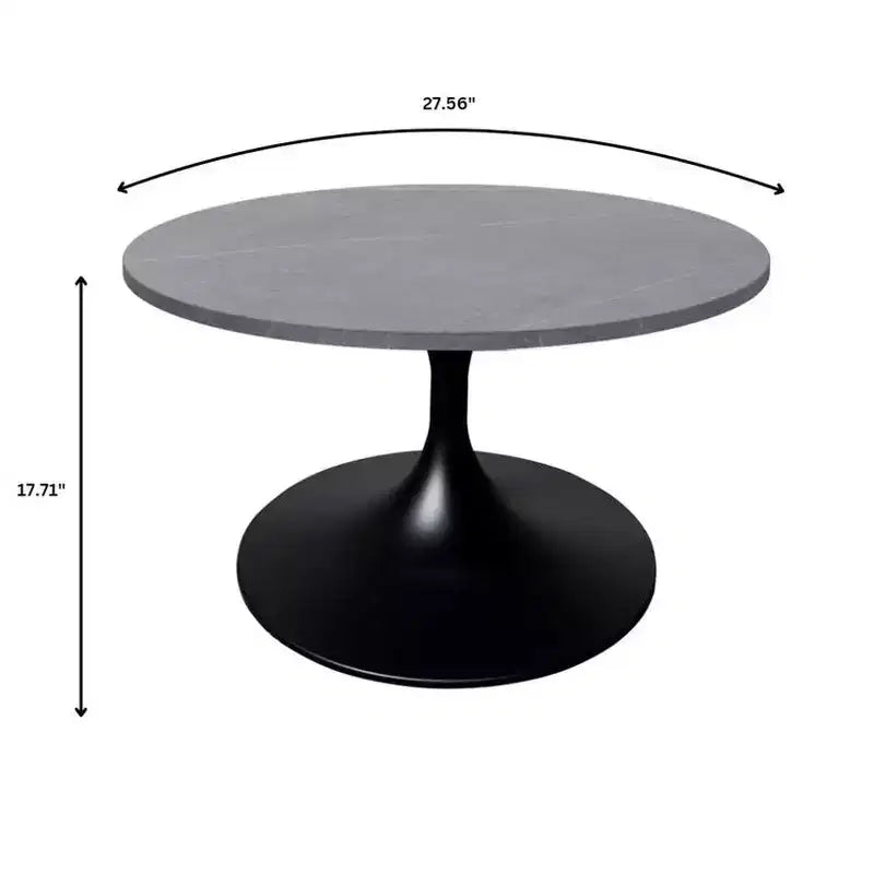 LeisureMod Verve 27 Round Coffee Table - Sintered Stone Top and Modern Black Steel Pedestal Base Accent Table for Contemporary Living Room