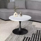 LeisureMod Verve 27 Round Coffee Table - Sintered Stone Top and Modern Black Steel Pedestal Base Accent Table for Contemporary Living Room