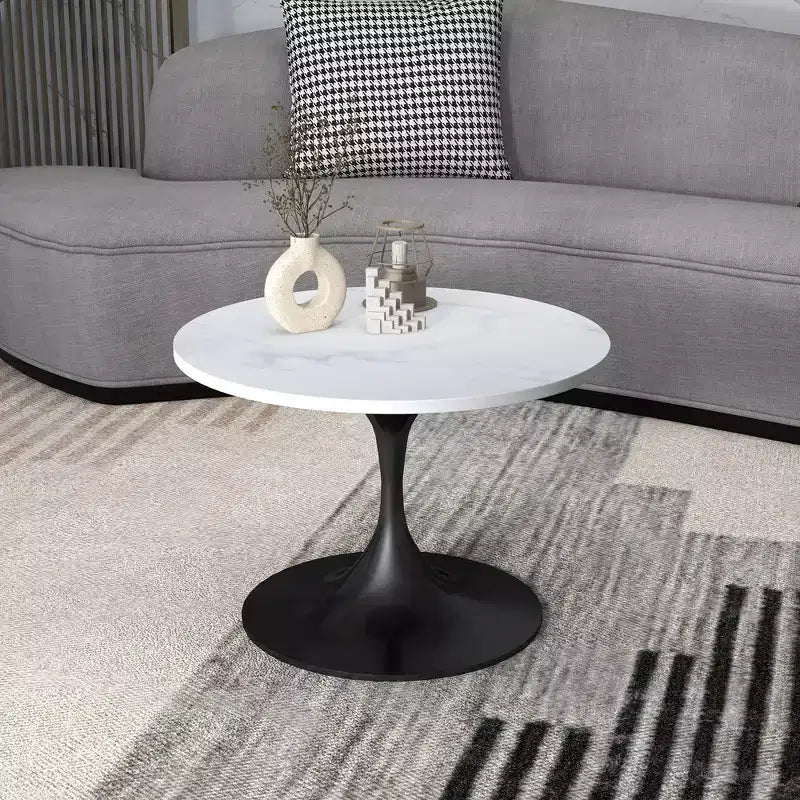 LeisureMod Verve 27 Round Coffee Table - Sintered Stone Top and Modern Black Steel Pedestal Base Accent Table for Contemporary Living Room