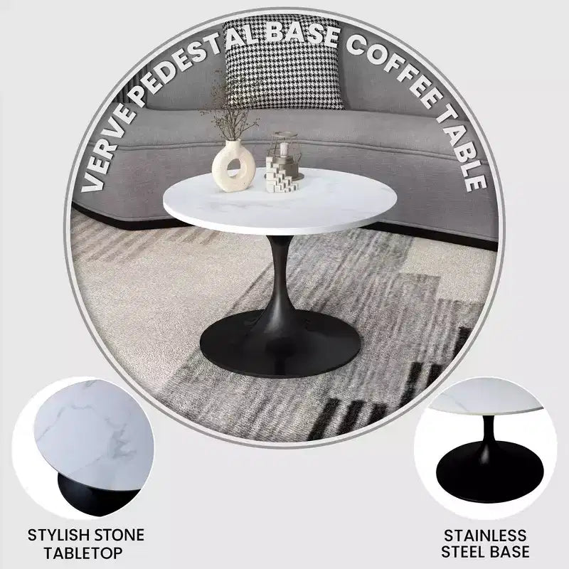 LeisureMod Verve 27 Round Coffee Table - Sintered Stone Top and Modern Black Steel Pedestal Base Accent Table for Contemporary Living Room