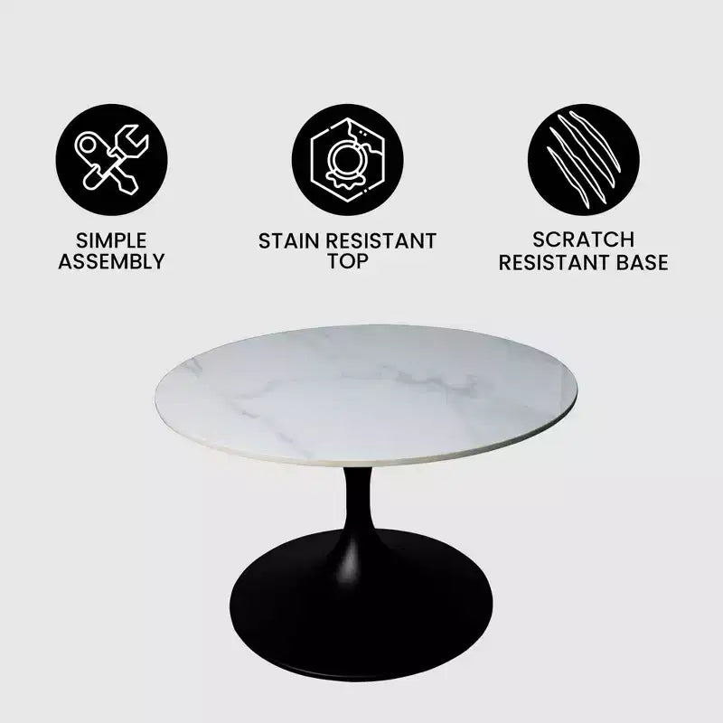 LeisureMod Verve 27 Round Coffee Table - Sintered Stone Top and Modern Black Steel Pedestal Base Accent Table for Contemporary Living Room