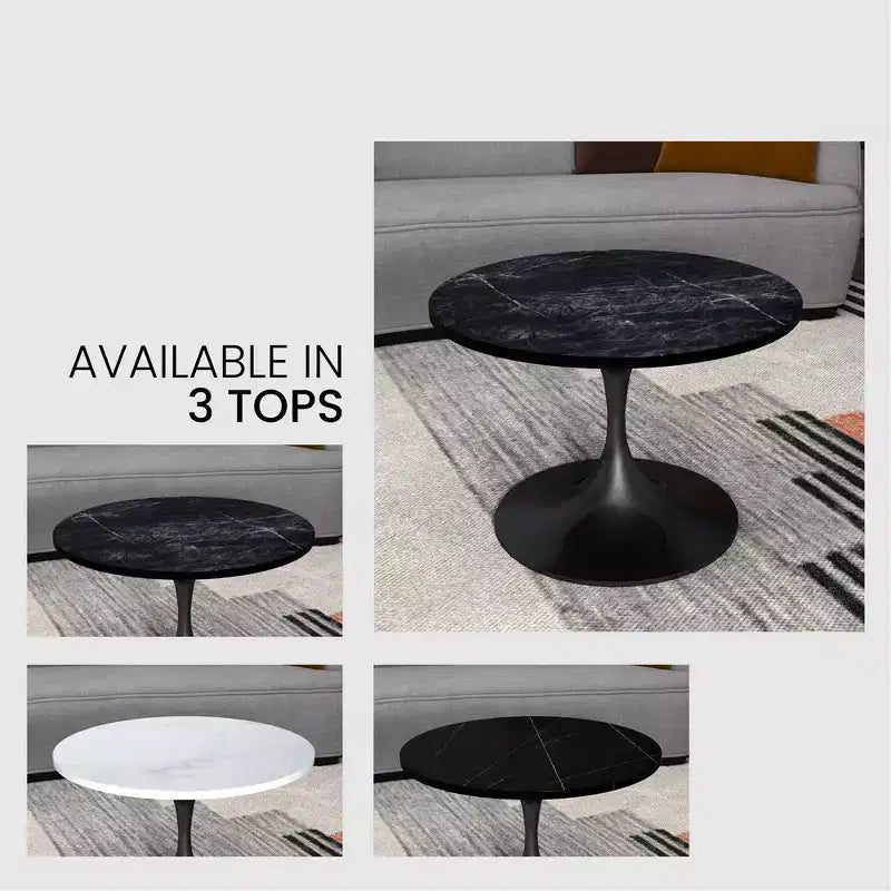 LeisureMod Verve 27 Round Coffee Table - Sintered Stone Top and Modern Black Steel Pedestal Base Accent Table for Contemporary Living Room