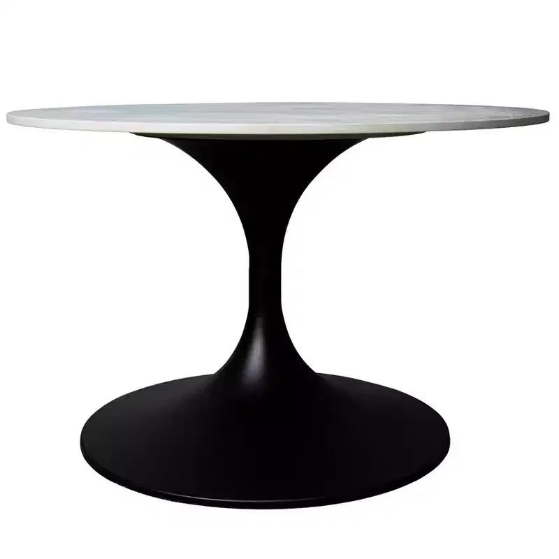 LeisureMod Verve 27 Round Coffee Table - Sintered Stone Top and Modern Black Steel Pedestal Base Accent Table for Contemporary Living Room