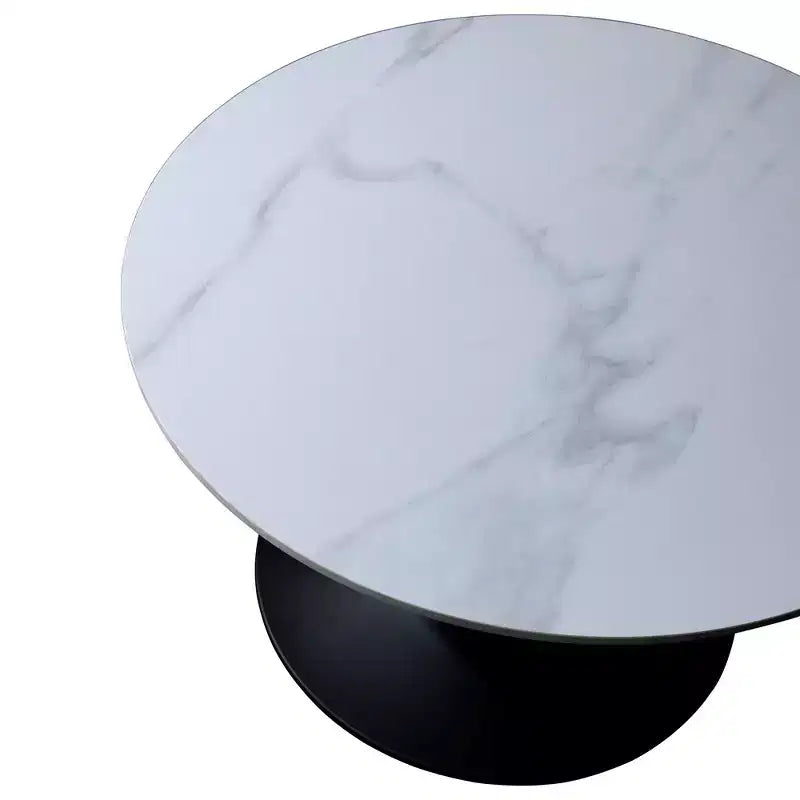 LeisureMod Verve 27 Round Coffee Table - Sintered Stone Top and Modern Black Steel Pedestal Base Accent Table for Contemporary Living Room
