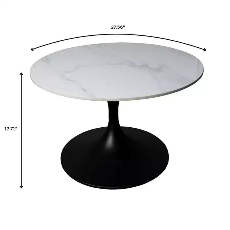 LeisureMod Verve 27 Round Coffee Table - Sintered Stone Top and Modern Black Steel Pedestal Base Accent Table for Contemporary Living Room