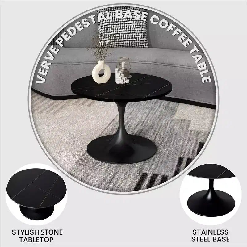 LeisureMod Verve 27 Round Coffee Table - Sintered Stone Top and Modern Black Steel Pedestal Base Accent Table for Contemporary Living Room