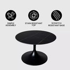 LeisureMod Verve 27 Round Coffee Table - Sintered Stone Top and Modern Black Steel Pedestal Base Accent Table for Contemporary Living Room