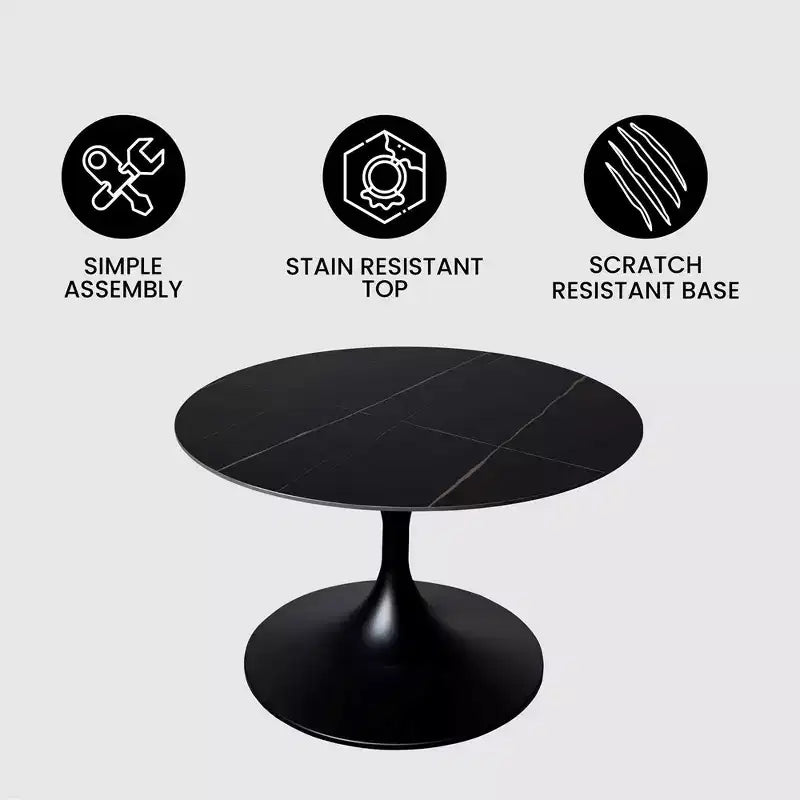 LeisureMod Verve 27 Round Coffee Table - Sintered Stone Top and Modern Black Steel Pedestal Base Accent Table for Contemporary Living Room