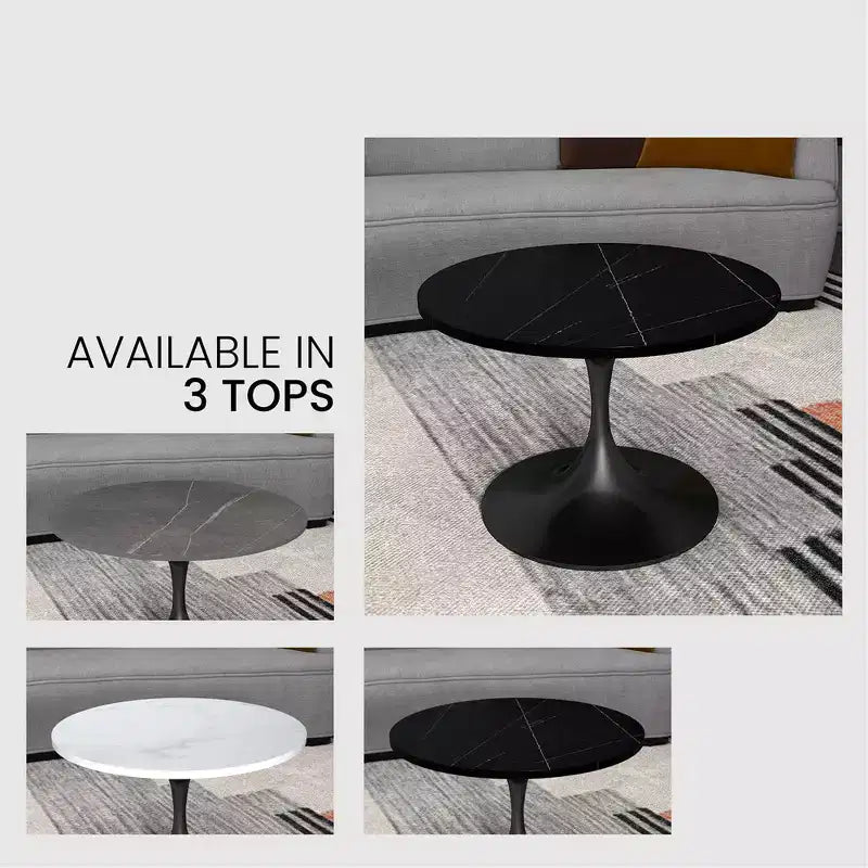 LeisureMod Verve 27 Round Coffee Table - Sintered Stone Top and Modern Black Steel Pedestal Base Accent Table for Contemporary Living Room