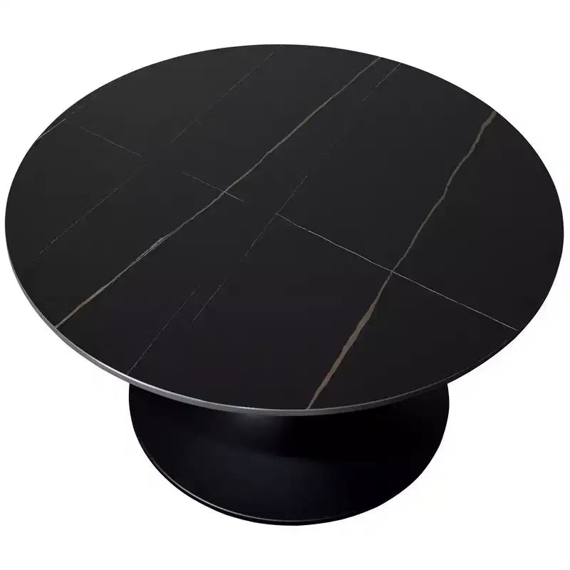 LeisureMod Verve 27 Round Coffee Table - Sintered Stone Top and Modern Black Steel Pedestal Base Accent Table for Contemporary Living Room